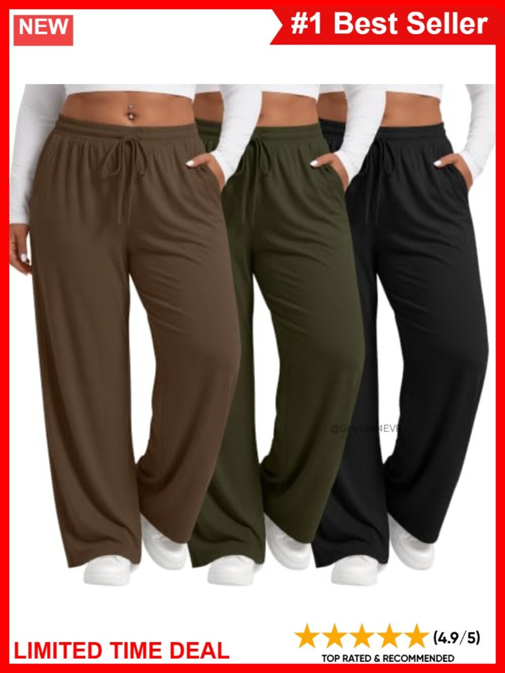 Plus Size Wide Leg Drawstring Yoga Sweatpants 3 Pack Soft Stretch Lounge Pants